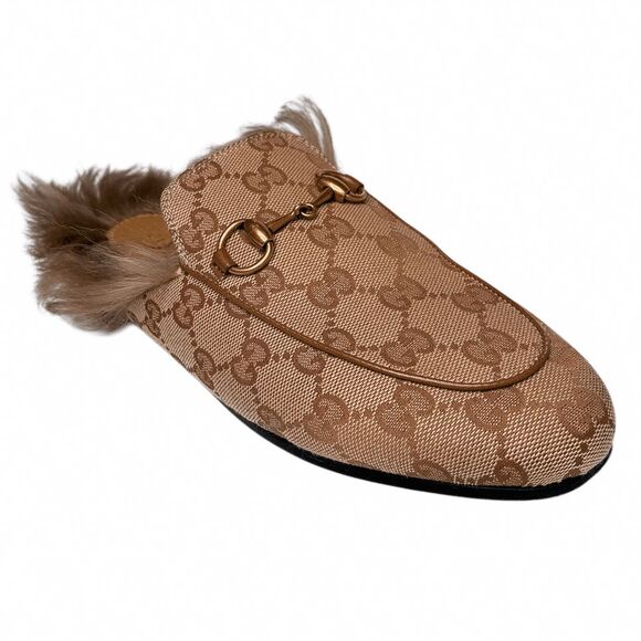 Gucci Princetown Monogram Beige GG Canvas Fur Lined Loafers Slides Size 36 - Picture 1 of 11